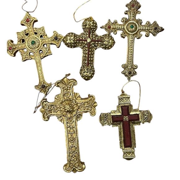 Set of 5 gold tone cross ornaments - Picture 6 of 10
